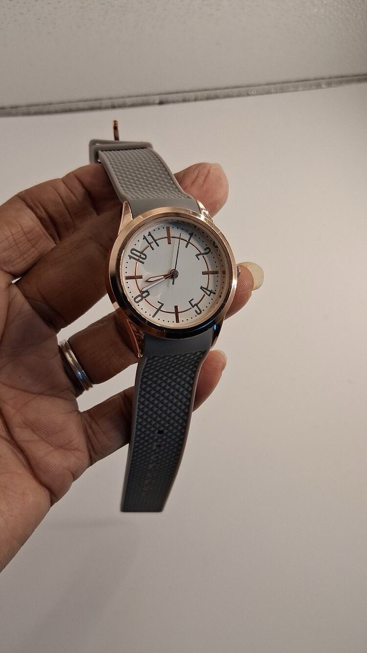 Accutime Womens Rose Gold Tone Grey Silicone Band Watch White Dial Quartz